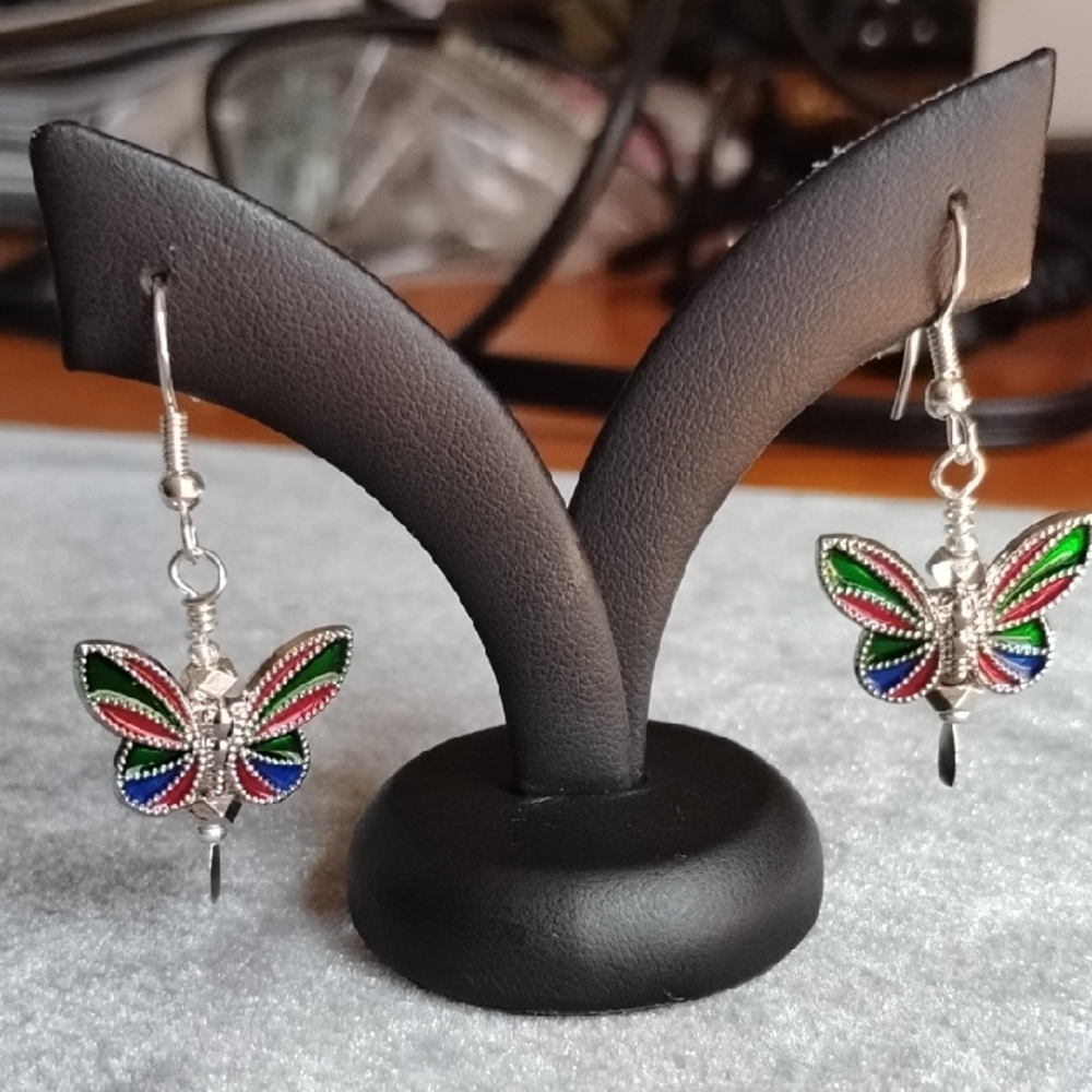 Hand Crafted Silver Butterfly Drop Earrings with Multicolor Enamel